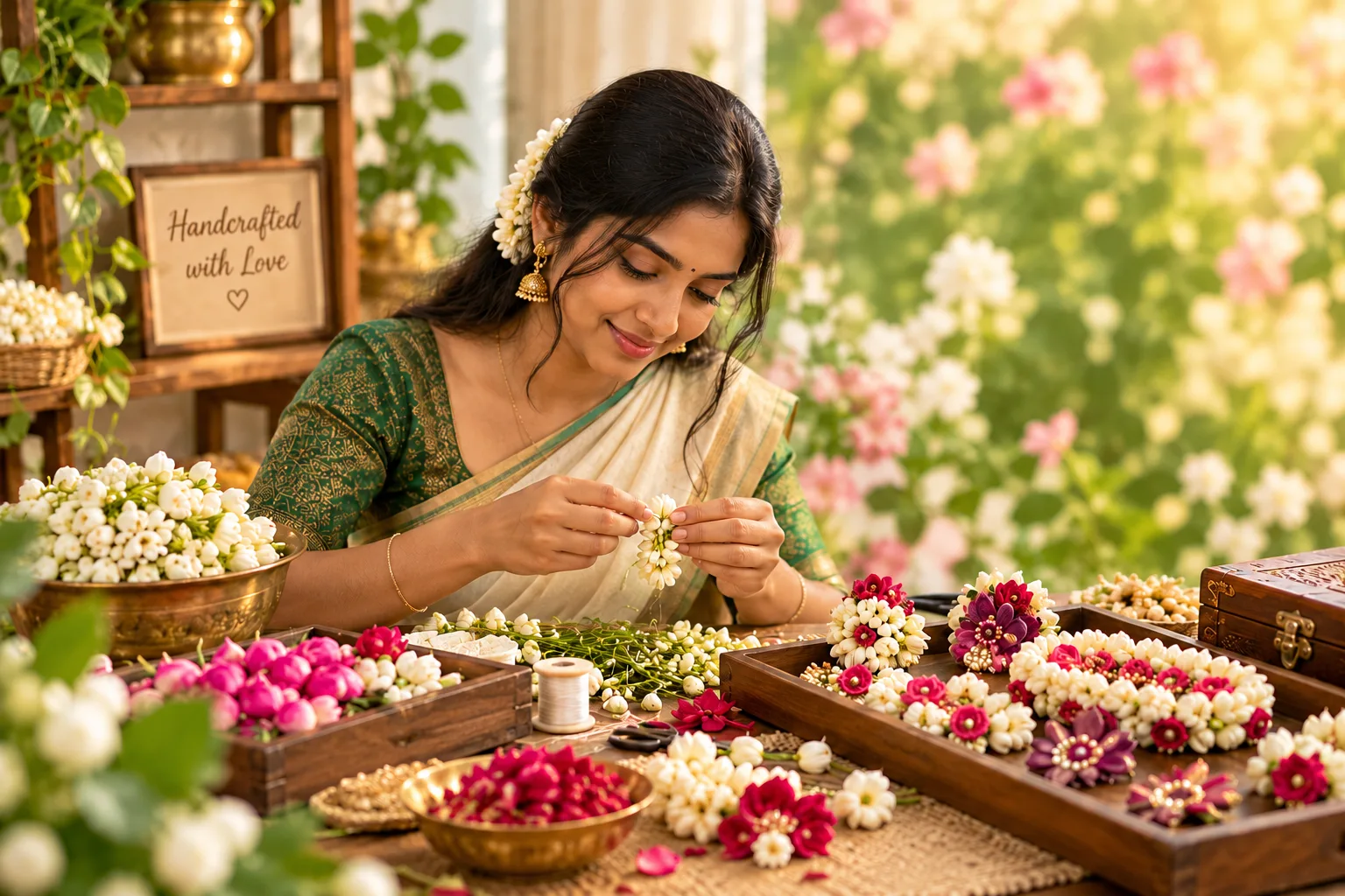 Artisan handcrafting floral accessories in a Tamil Nadu studio