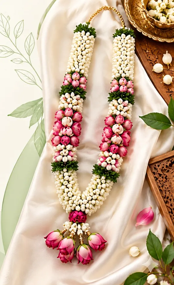 Handcrafted traditional South Indian artificial jasmine and rose petal wedding garland