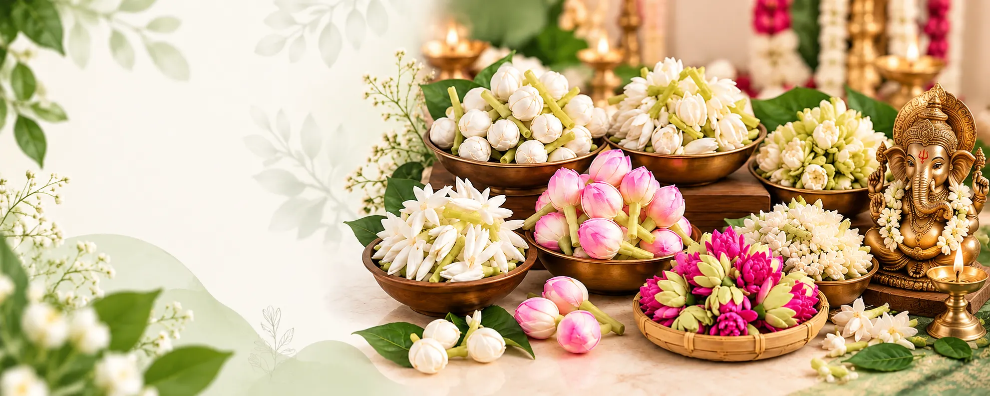 Festive Ganesha Puja with Jasmine Offerings and traditional artificial flower heads in brass bowls